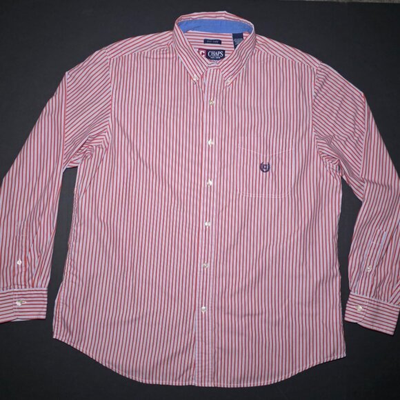 Chaps Other - Chaps Mens Red And Gray Striped Long Sleeve Button Down Shirt Size Large